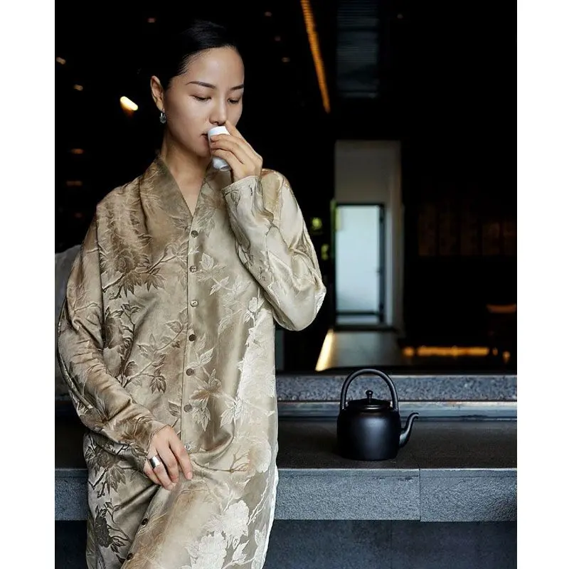 Spring New Chinese Style Floral V-Neck Long Sleeve Elegant Dress for Women Formal Occasion Plus Size Fashion Gown