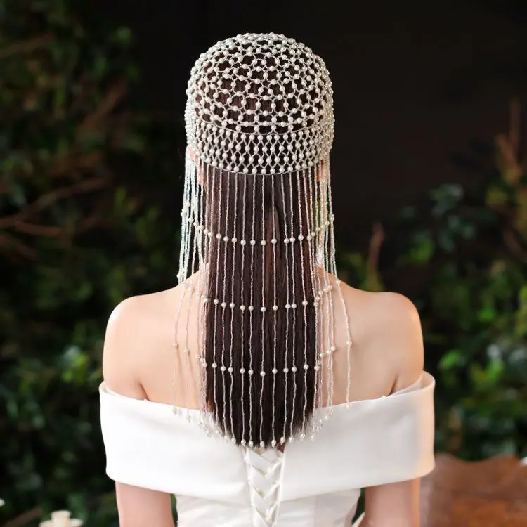 Handmade Beaded Fashion Headdress Glass Imitation Pearl Red Hat  Mainland China Popular Fashion Bonnets for Women