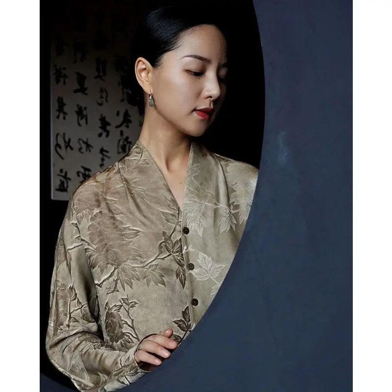 Spring New Chinese Style Floral V-Neck Long Sleeve Elegant Dress for Women Formal Occasion Plus Size Fashion Gown