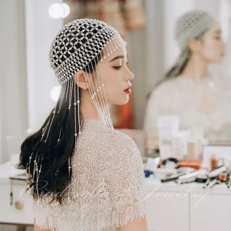 Handmade Beaded Fashion Headdress Glass Imitation Pearl Red Hat  Mainland China Popular Fashion Bonnets for Women
