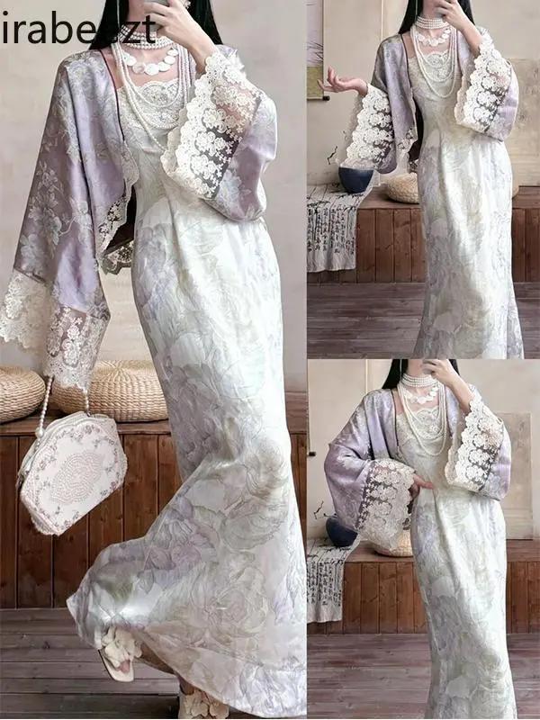 Elegant Oriental Floral Print Blouse with Lace Trim & Embroidered Hanfu Style Long Dress Chinese Chic Loose Vintage Boho