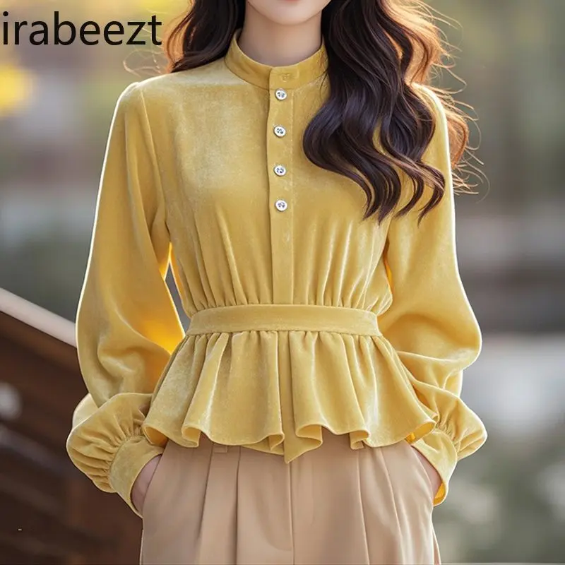 Ladies Yellow Satin Blouse with Ruffled Sleeves Elegant Velvet Bow Loose Fit V-Neck Top for Women Stylish Office/Party Wear