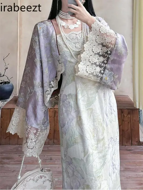 Elegant Oriental Floral Print Blouse with Lace Trim & Embroidered Hanfu Style Long Dress Chinese Chic Loose Vintage Boho