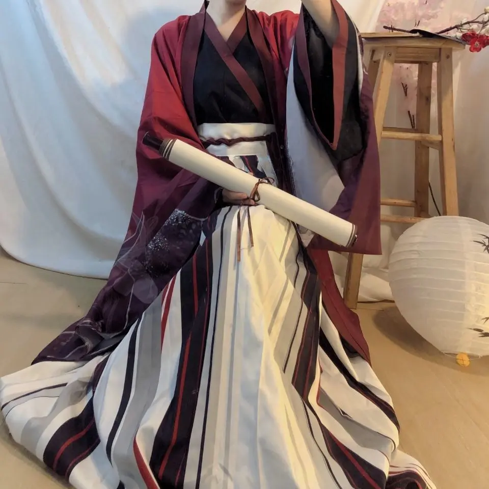 Women's Hanfu Han Dynasty Style Cross-Collar High-Waisted Pleated Skirt Autumn Winter Ethnic Wear for Casual Daily Outfit