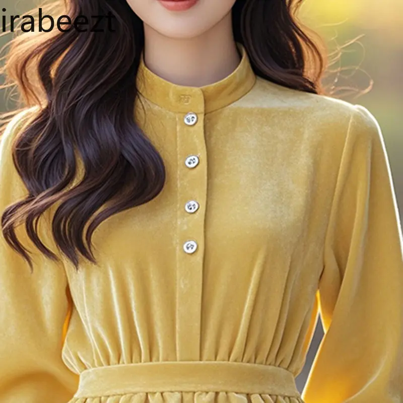 Ladies Yellow Satin Blouse with Ruffled Sleeves Elegant Velvet Bow Loose Fit V-Neck Top for Women Stylish Office/Party Wear
