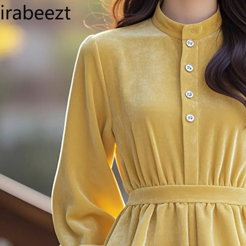 Ladies Yellow Satin Blouse with Ruffled Sleeves Elegant Velvet Bow Loose Fit V-Neck Top for Women Stylish Office/Party Wear