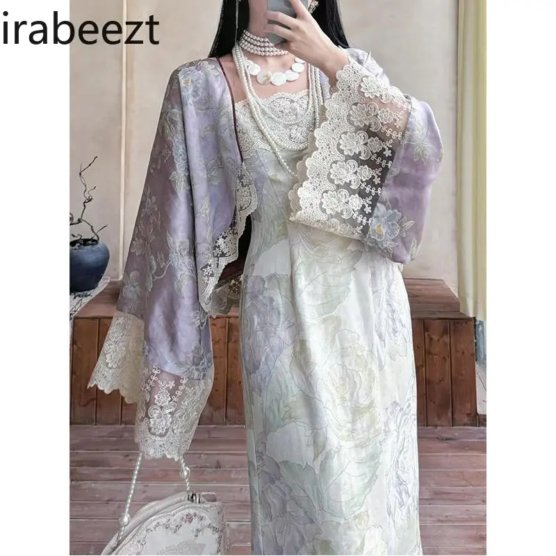 Elegant Oriental Floral Print Blouse with Lace Trim & Embroidered Hanfu Style Long Dress Chinese Chic Loose Vintage Boho