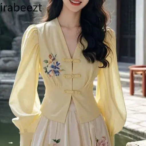 Chinese Style Early Autumn 2-Piece Office Set Mid-Length Embroidered Blouse & Skirt Slim Fit Versatile Layering Outfit for Women