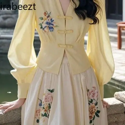 Chinese Style Early Autumn 2-Piece Office Set Mid-Length Embroidered Blouse & Skirt Slim Fit Versatile Layering Outfit for Women