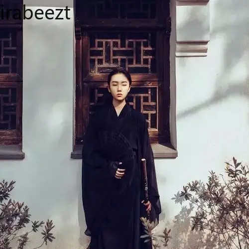 Chinese Black Hanfu Dress for Women - Wei-Jin Style Ancient Cosplay Costume Elegant Traditional Long Cheongsam with Wide Sleeves