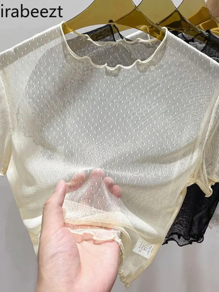 Fashion See Through High Stretch Lace Undercoat Women's Summer Thin Short-sleeved T-shirt Ruffle Edge Hollow Vintage Mesh Top