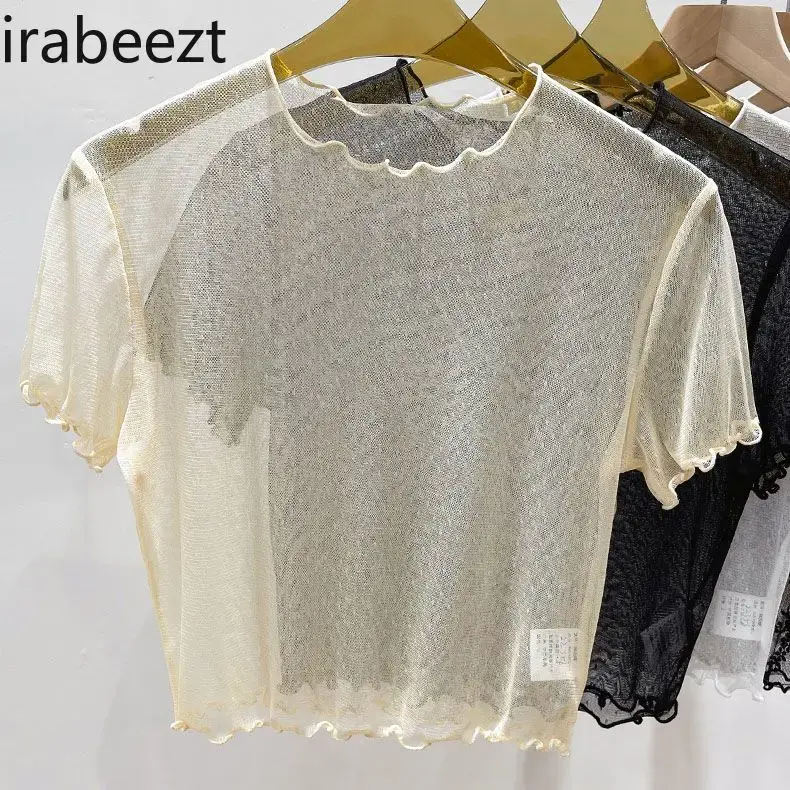 Fashion See Through High Stretch Lace Undercoat Women's Summer Thin Short-sleeved T-shirt Ruffle Edge Hollow Vintage Mesh Top