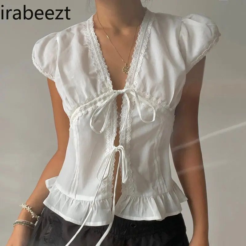 Sweet Lace Trim Tie Blouse Pure Color Ruffle Off Shoulder Puff Sleeve Shirt Women's Spring Summer Fashion Tops