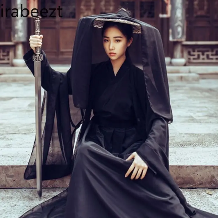 Chinese Black Hanfu Dress for Women - Wei-Jin Style Ancient Cosplay Costume Elegant Traditional Long Cheongsam with Wide Sleeves