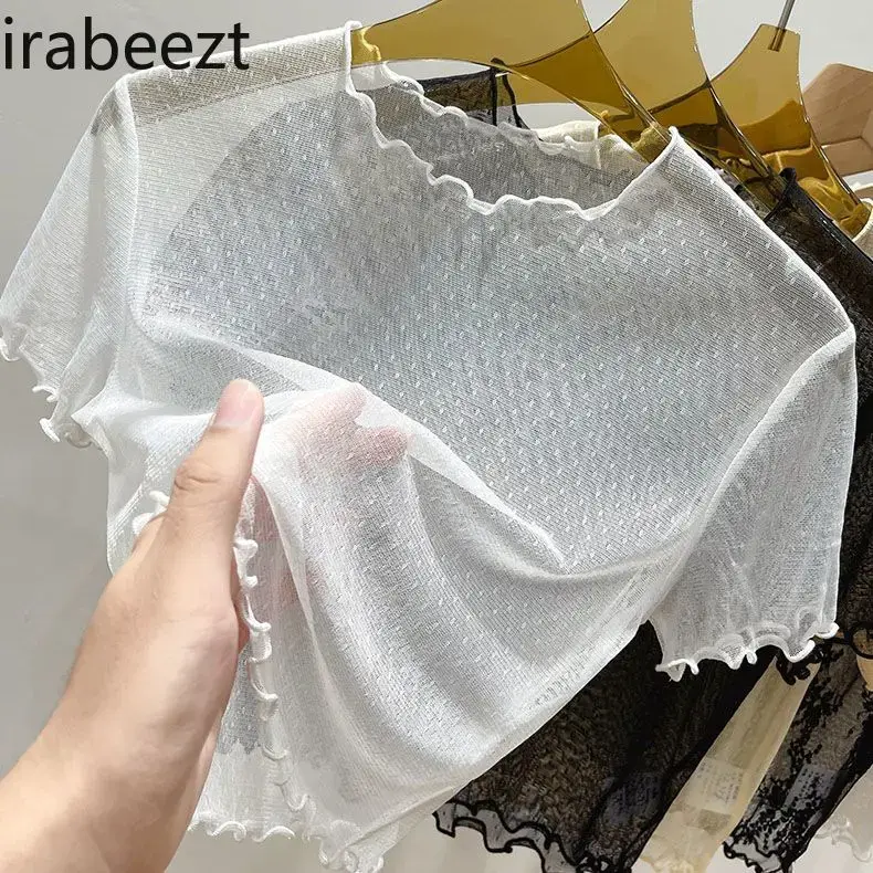 Fashion See Through High Stretch Lace Undercoat Women's Summer Thin Short-sleeved T-shirt Ruffle Edge Hollow Vintage Mesh Top