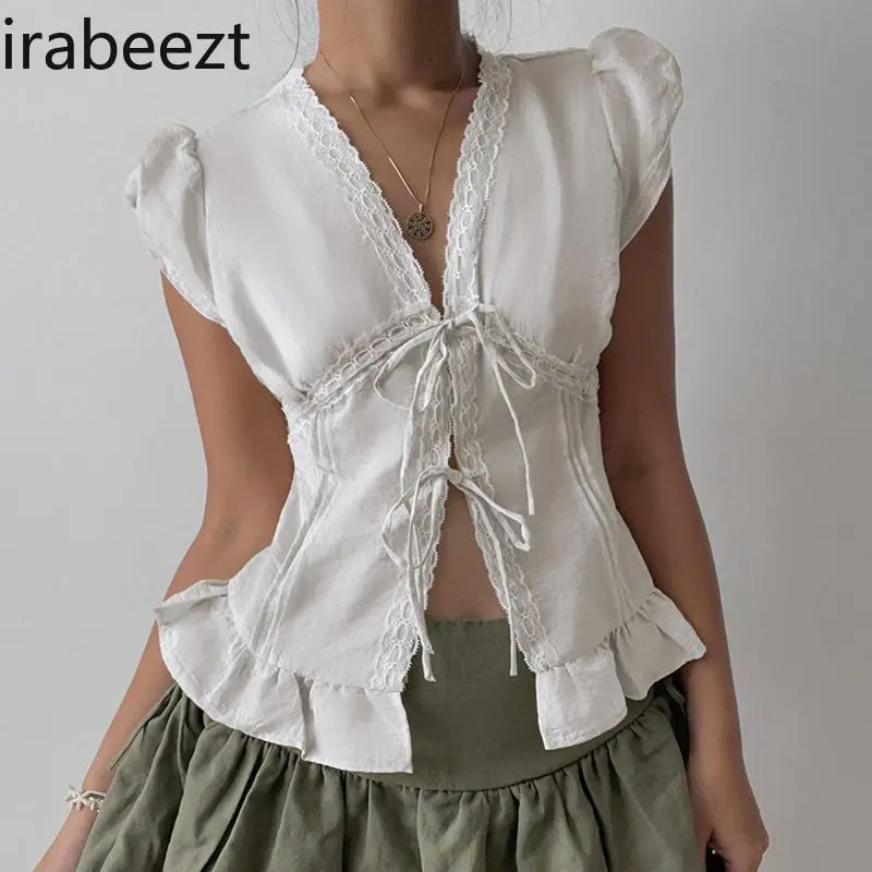 Sweet Lace Trim Tie Blouse Pure Color Ruffle Off Shoulder Puff Sleeve Shirt Women's Spring Summer Fashion Tops
