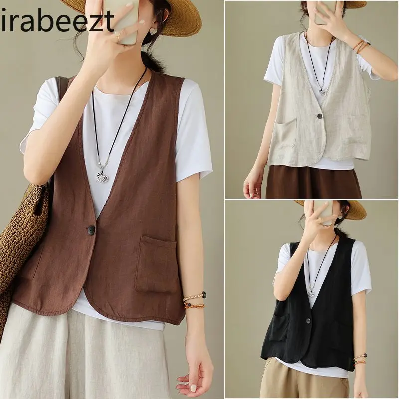 Women's Linen Vest Sleeveless Casual Cotton Jacket Lightweight Breathable Loose Fit Open Front Cardiga Plus Size Waistcoat