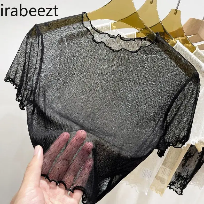 Fashion See Through High Stretch Lace Undercoat Women's Summer Thin Short-sleeved T-shirt Ruffle Edge Hollow Vintage Mesh Top
