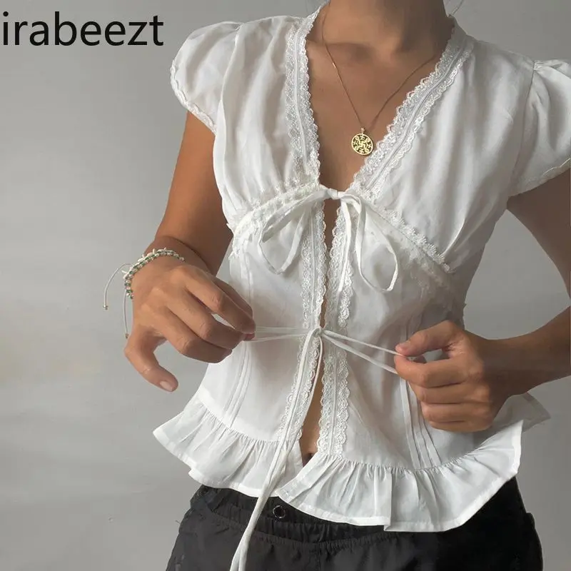 Sweet Lace Trim Tie Blouse Pure Color Ruffle Off Shoulder Puff Sleeve Shirt Women's Spring Summer Fashion Tops