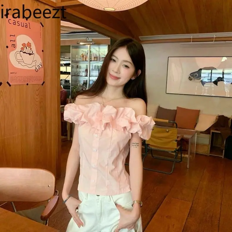 2025 New French Sweet Pink Off Shoulder Blouse Women's Summer Slim Fit Short Shirt Cute Sexy Chic Elegant Fashion Tops