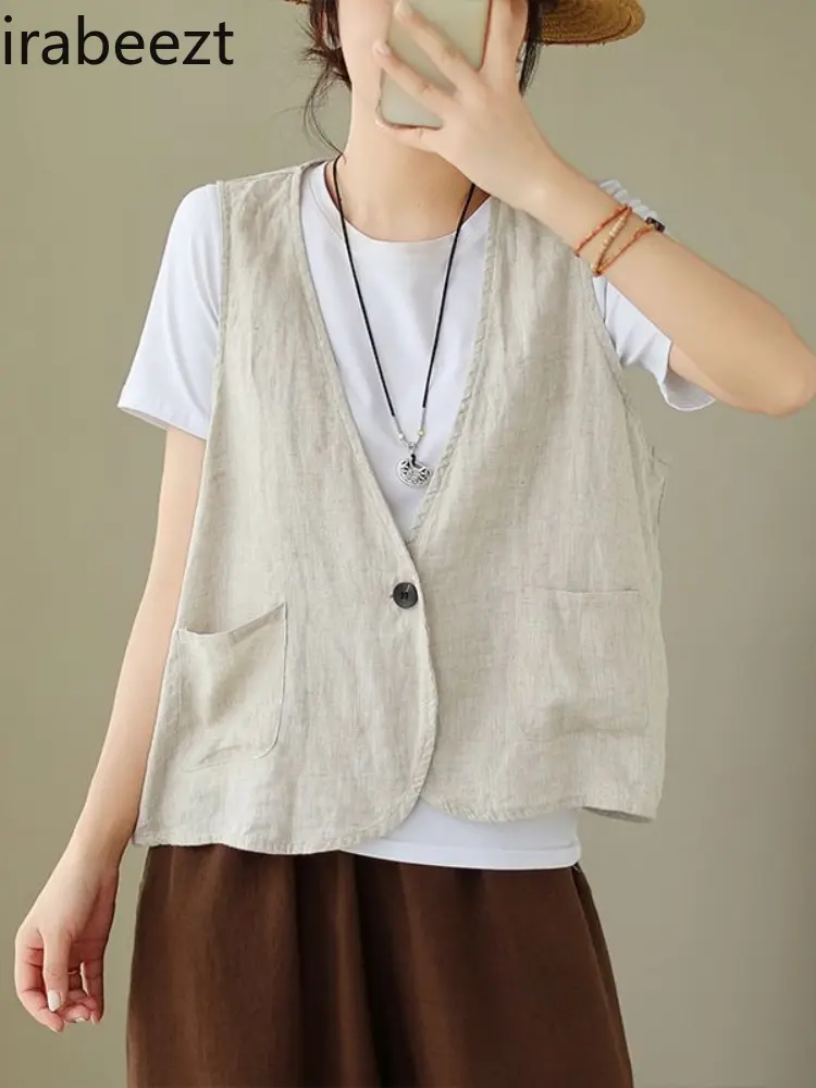 Women's Linen Vest Sleeveless Casual Cotton Jacket Lightweight Breathable Loose Fit Open Front Cardiga Plus Size Waistcoat