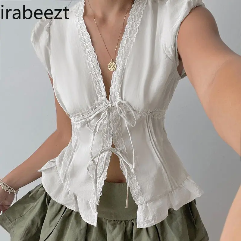 Sweet Lace Trim Tie Blouse Pure Color Ruffle Off Shoulder Puff Sleeve Shirt Women's Spring Summer Fashion Tops