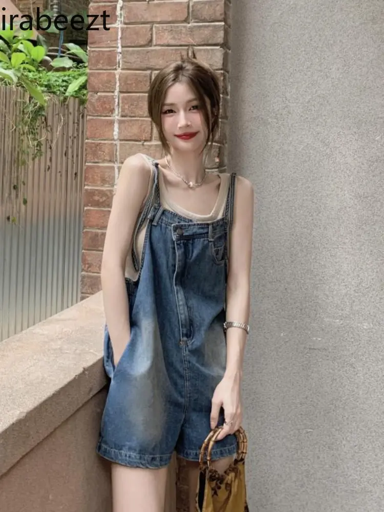 Women's Summer Loose Straight Wide-leg Shorts Niche Irregular Washed Pants Trend Hong Kong Style Sweet Denim Overalls