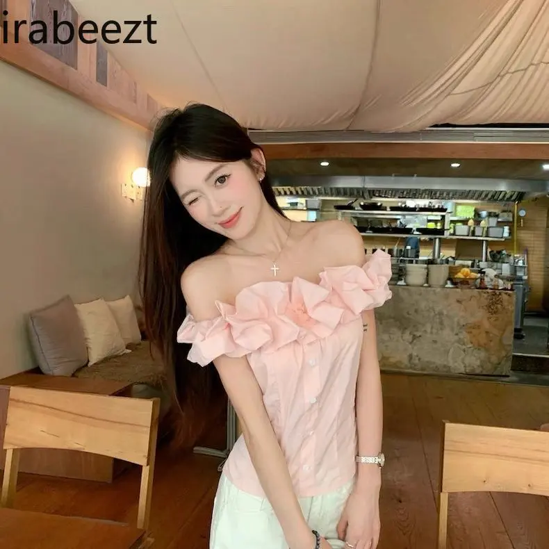 2025 New French Sweet Pink Off Shoulder Blouse Women's Summer Slim Fit Short Shirt Cute Sexy Chic Elegant Fashion Tops