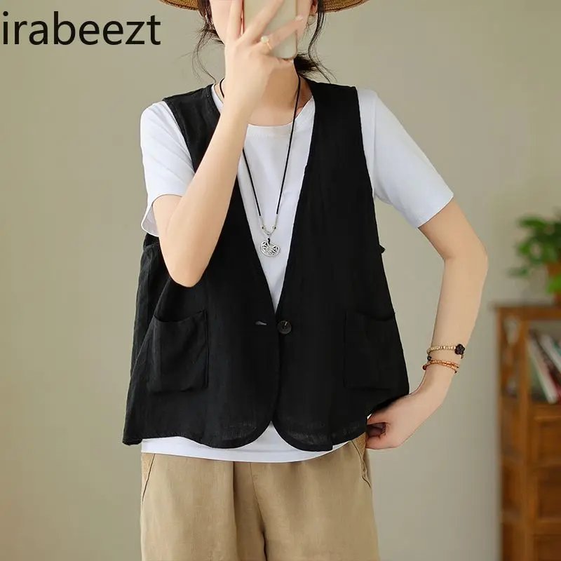 Women's Linen Vest Sleeveless Casual Cotton Jacket Lightweight Breathable Loose Fit Open Front Cardiga Plus Size Waistcoat