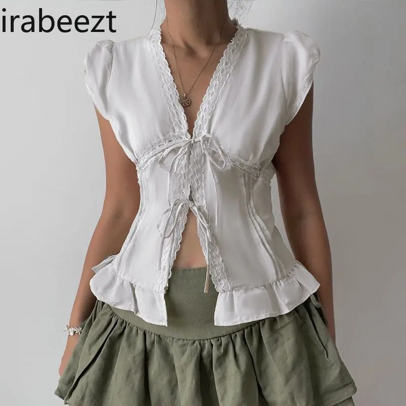 Sweet Lace Trim Tie Blouse Pure Color Ruffle Off Shoulder Puff Sleeve Shirt Women's Spring Summer Fashion Tops