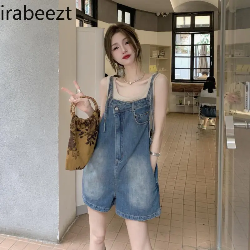 Women's Summer Loose Straight Wide-leg Shorts Niche Irregular Washed Pants Trend Hong Kong Style Sweet Denim Overalls