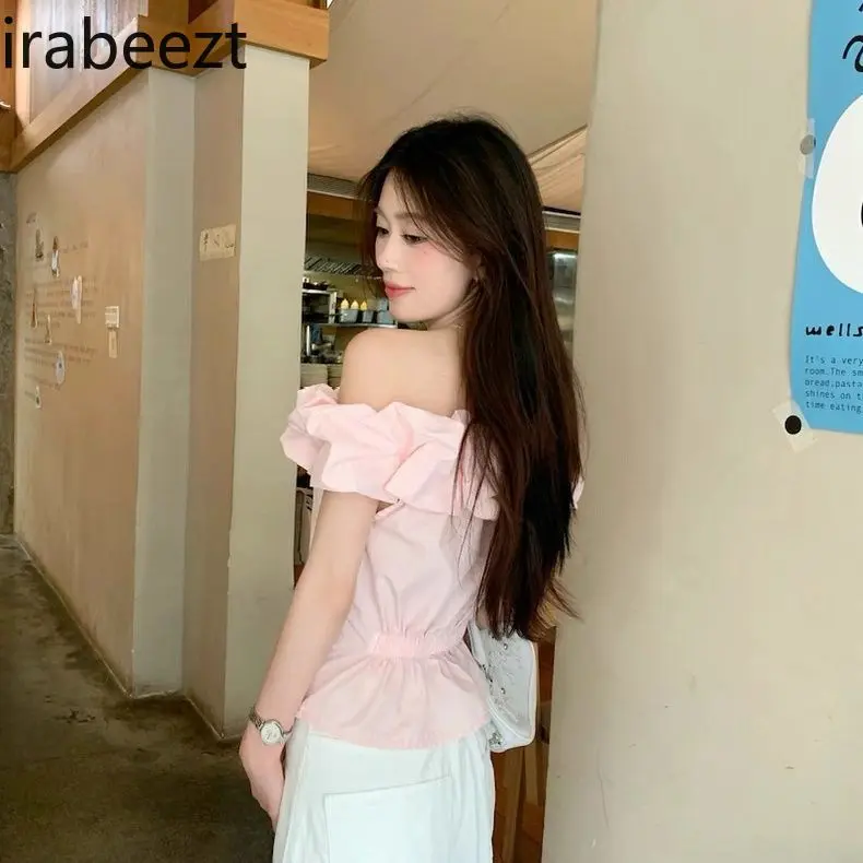 2025 New French Sweet Pink Off Shoulder Blouse Women's Summer Slim Fit Short Shirt Cute Sexy Chic Elegant Fashion Tops
