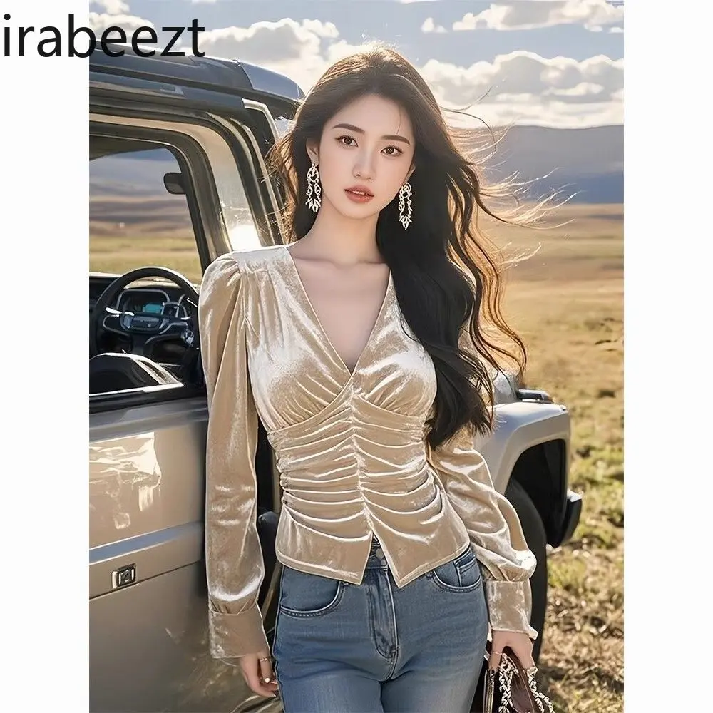 New Women's Velvet Blouse Long Sleeve V-Neck Belted French Style Tops Elegant Fall Winter Shirt Slim Fit Base Layer