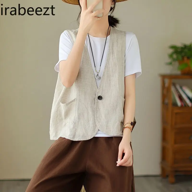 Women's Linen Vest Sleeveless Casual Cotton Jacket Lightweight Breathable Loose Fit Open Front Cardiga Plus Size Waistcoat