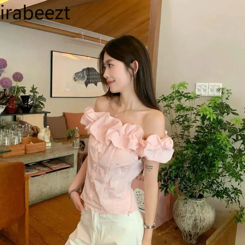 2025 New French Sweet Pink Off Shoulder Blouse Women's Summer Slim Fit Short Shirt Cute Sexy Chic Elegant Fashion Tops