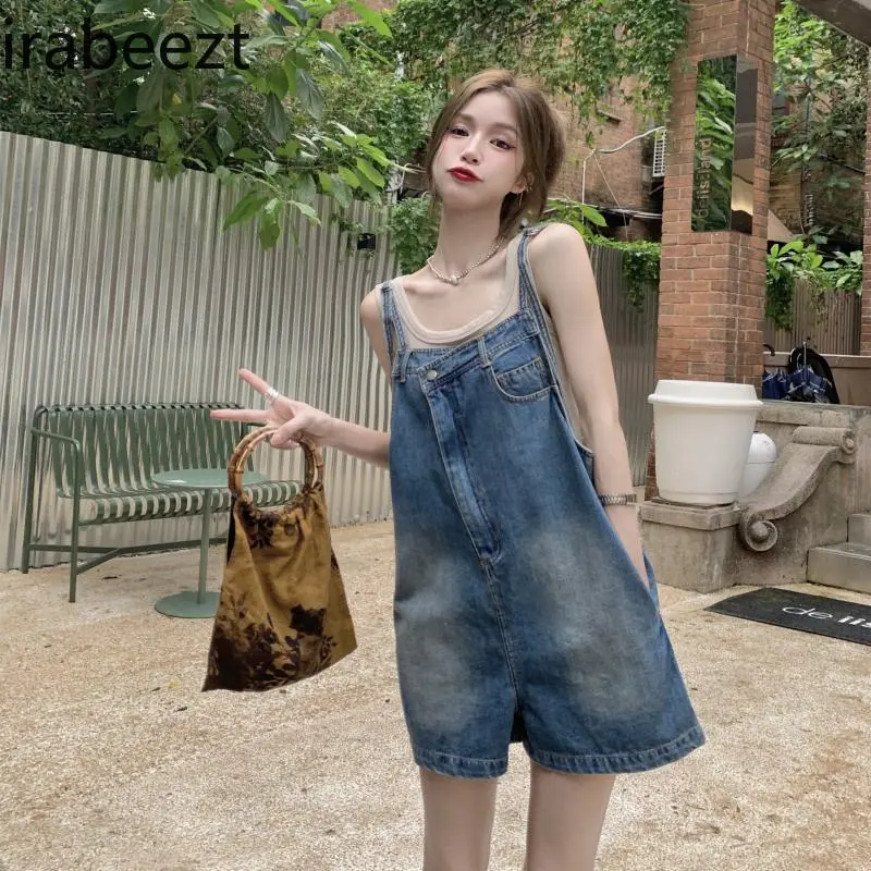 Women's Summer Loose Straight Wide-leg Shorts Niche Irregular Washed Pants Trend Hong Kong Style Sweet Denim Overalls