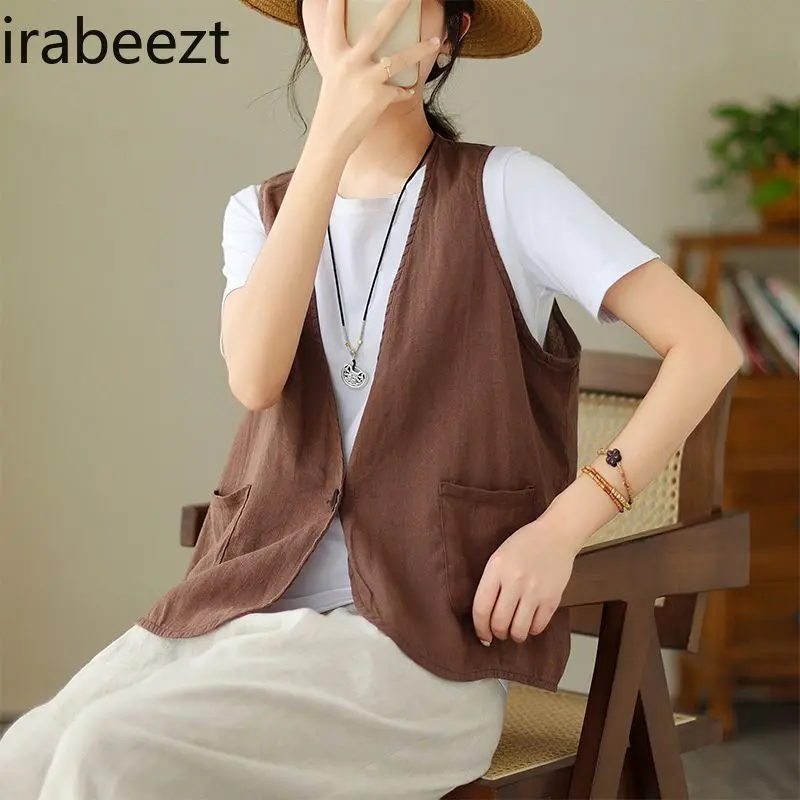 Women's Linen Vest Sleeveless Casual Cotton Jacket Lightweight Breathable Loose Fit Open Front Cardiga Plus Size Waistcoat