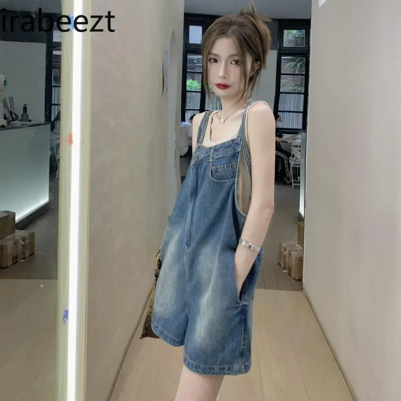Women's Summer Loose Straight Wide-leg Shorts Niche Irregular Washed Pants Trend Hong Kong Style Sweet Denim Overalls
