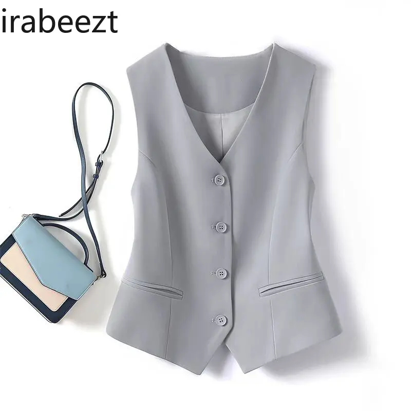 2025 New Women's Blue Short Sleeveless Vest Slim Fit Waistcoat Jacket Spring Autumn Layering Styling Casual Office Wear