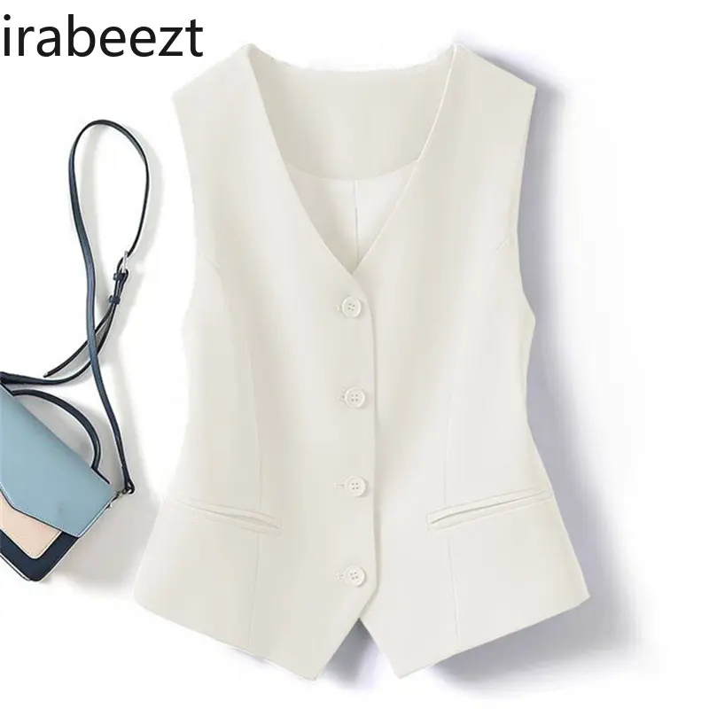 2025 New Women's Blue Short Sleeveless Vest Slim Fit Waistcoat Jacket Spring Autumn Layering Styling Casual Office Wear