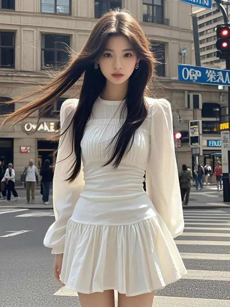 New Style Puff Sleeves Waist-hugging Slimming Elegant High-end Dress for Women French Style Casual Pleated Dress