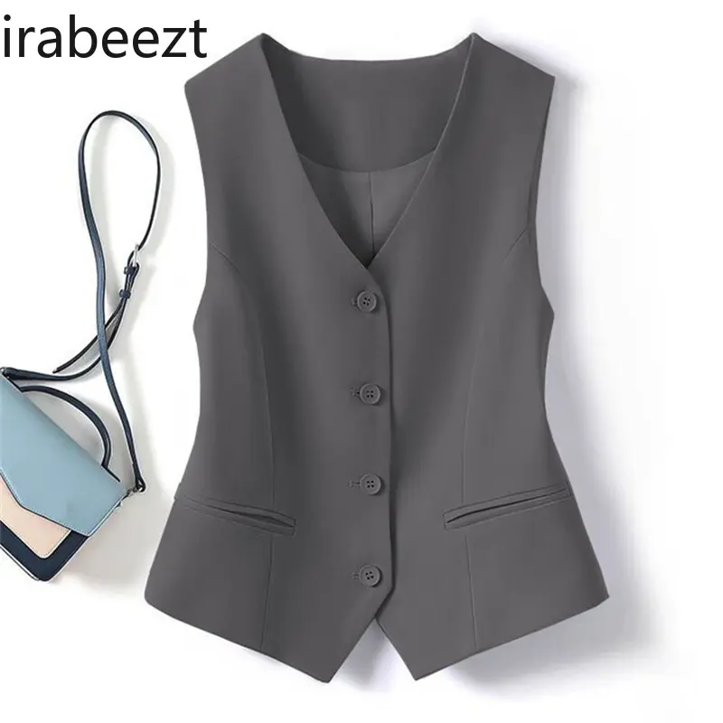 2025 New Women's Blue Short Sleeveless Vest Slim Fit Waistcoat Jacket Spring Autumn Layering Styling Casual Office Wear