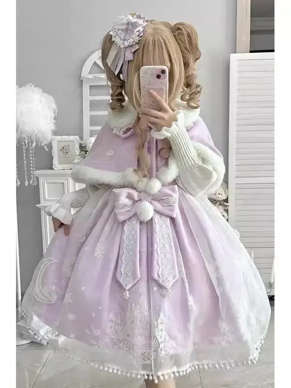 Sweet and Cute Purple Flocking Jsk Sundress Cape Set Lolita Princess on The Run Pongee Robe Victorian Gothic Dress