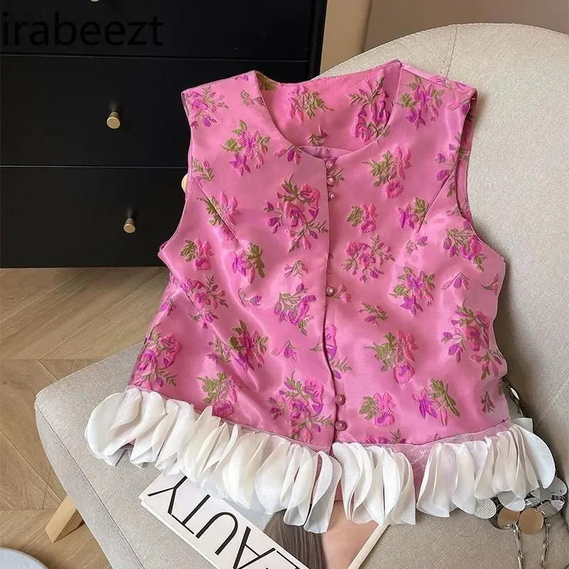 2025 New Ethnic Floral Sleeveless Blouse Women Summer Vintage Peasant Top with Lotus Edge Design Casual Boho Chic Shirt