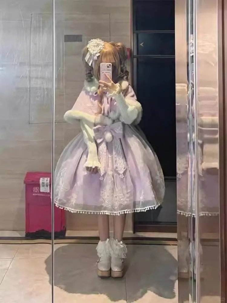 Sweet and Cute Purple Flocking Jsk Sundress Cape Set Lolita Princess on The Run Pongee Robe Victorian Gothic Dress