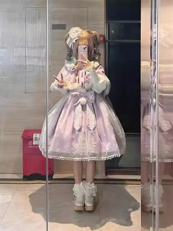 Sweet and Cute Purple Flocking Jsk Sundress Cape Set Lolita Princess on The Run Pongee Robe Victorian Gothic Dress