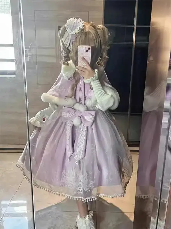 Sweet and Cute Purple Flocking Jsk Sundress Cape Set Lolita Princess on The Run Pongee Robe Victorian Gothic Dress