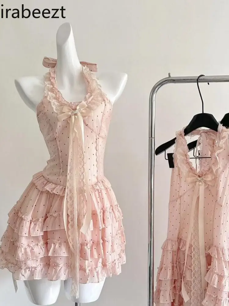 French Style Gentle Pink Polka Dot Halter Neck Dress for Women Spring and Summer New Waist Slimming Chic Beautiful Short Dress
