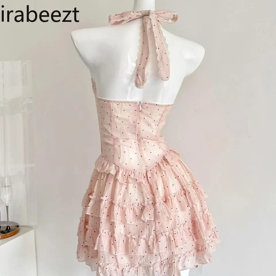 French Style Gentle Pink Polka Dot Halter Neck Dress for Women Spring and Summer New Waist Slimming Chic Beautiful Short Dress