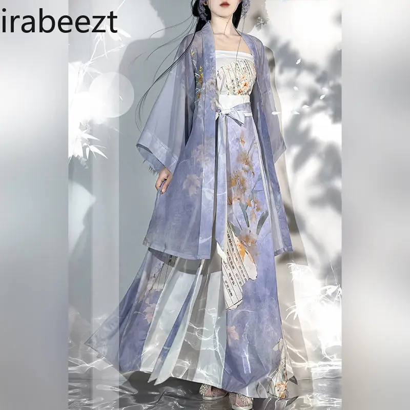 Song Dynasty Hanfu Women's Long Cardigan with Camisole & Pleated Skirt Chinese Style Daily Wear Fairy Summer Outfit Loose Fit